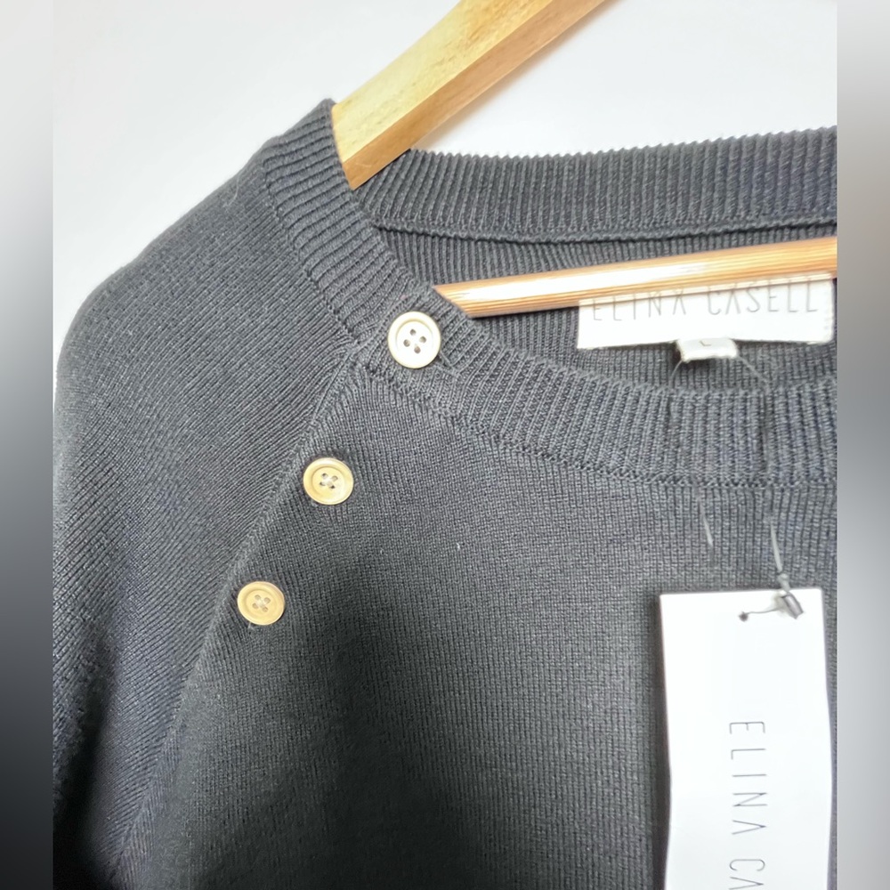 Elina Casell NEW Women’s Size Large Black Knit Cotton pullover Sweater 3-button - Picture 3 of 5